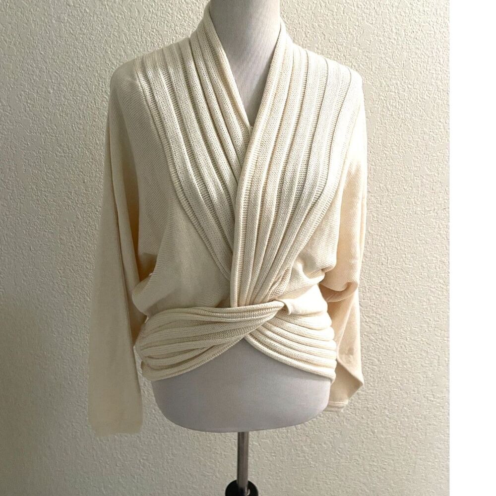 OLEG CASSINI Vintage Ivory Ribbed Wrap Twist Knot Wool Blend Sweater, Batwing S